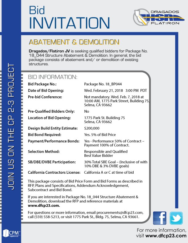 DFJV_CP23's tweet photo. Don't miss your opportunity to bid on these jobs!! https://t.co/7pQgspRNnz