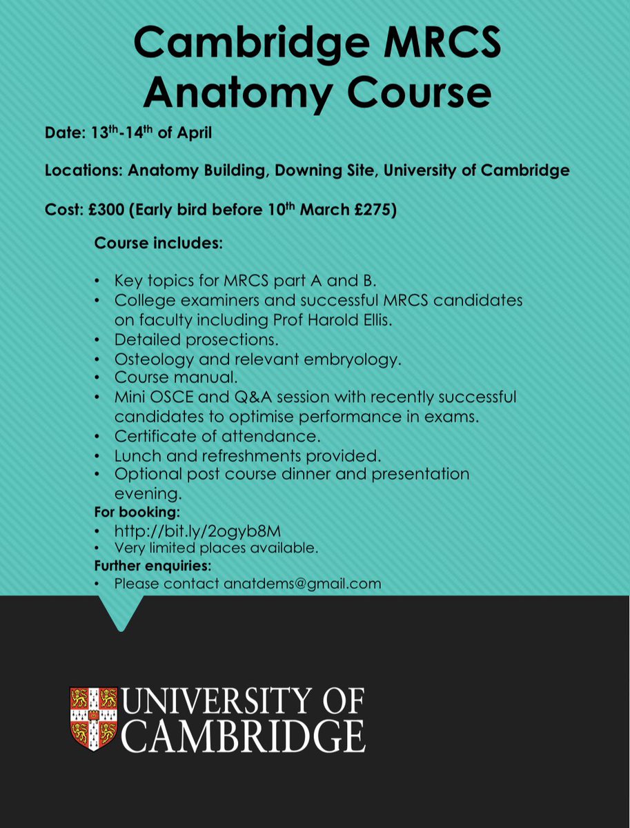 CamAnatomy's tweet photo. Pleased to announce our 2 day MRCS Anatomy course to take place on the 13th and 14th of April. With post course dinner to be held at Magdalene College, Cambridge and special talk from Prof Harold Ellis.                               To book: https://t.co/SbLQUibErP https://t.co/mHmOImuPhV