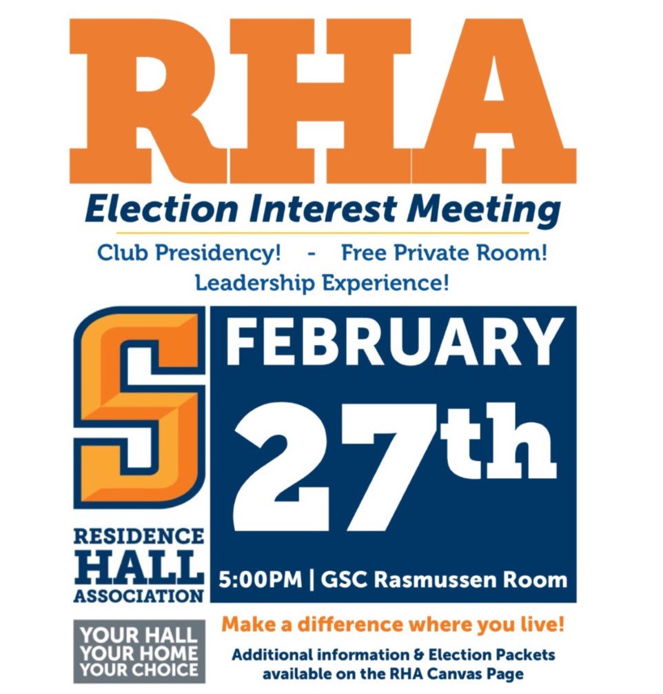 RHA_Snow's tweet photo. It's time to get ready to elect a new RHA Presidency! Come to the interest meeting on Feb 27 at 5:00pm to learn more about running for a position on the RHA Executive Board! Become a student leader! https://t.co/yPgeCSphLW