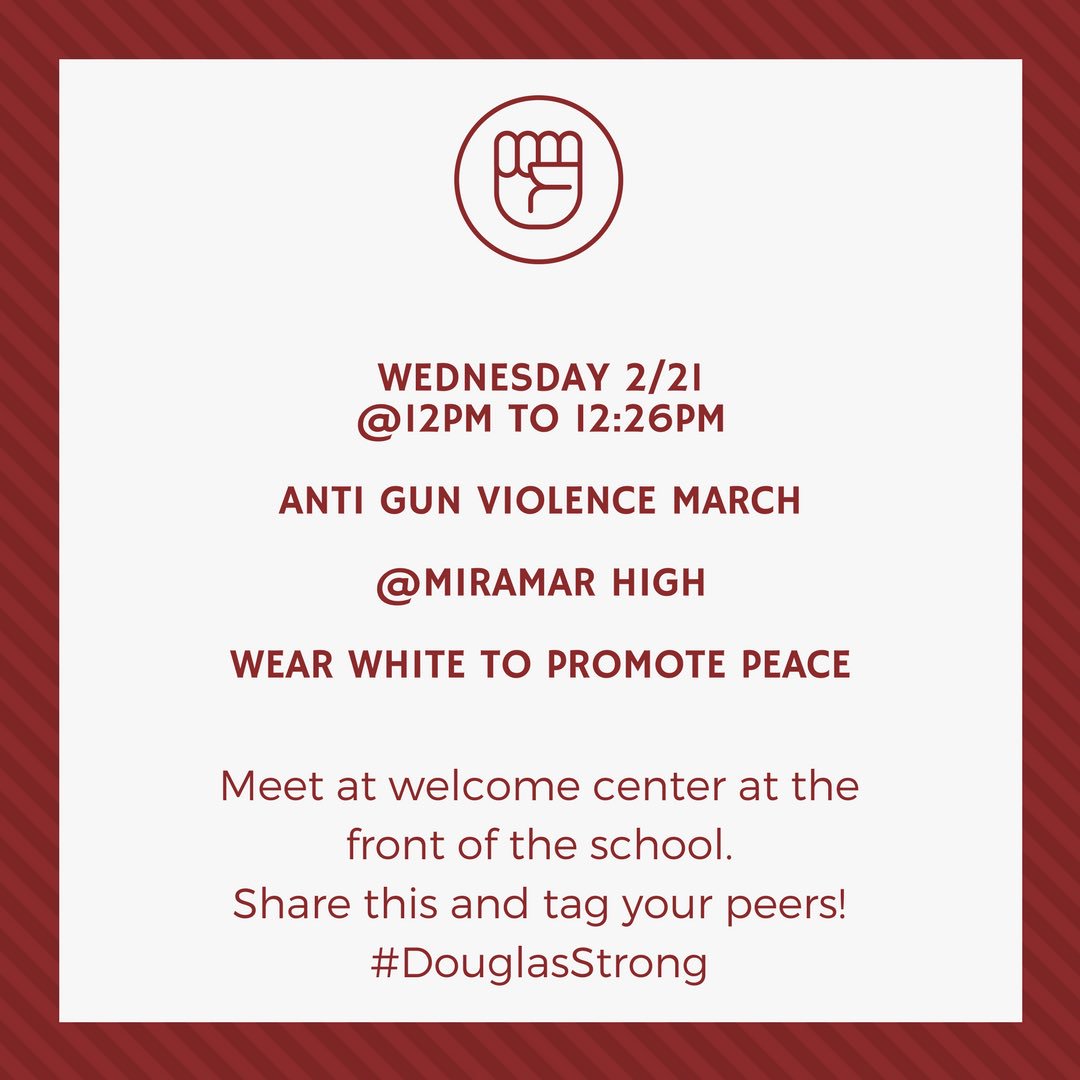 Tomorrow, February 21st, we are rallying for Anti-Gun Violence and for all the individuals affected at Stoneman Douglas. We must work together to make a change. #NationalSchoolWalkout #DouglasHighSchool #DouglasStrong #MSDStrong
