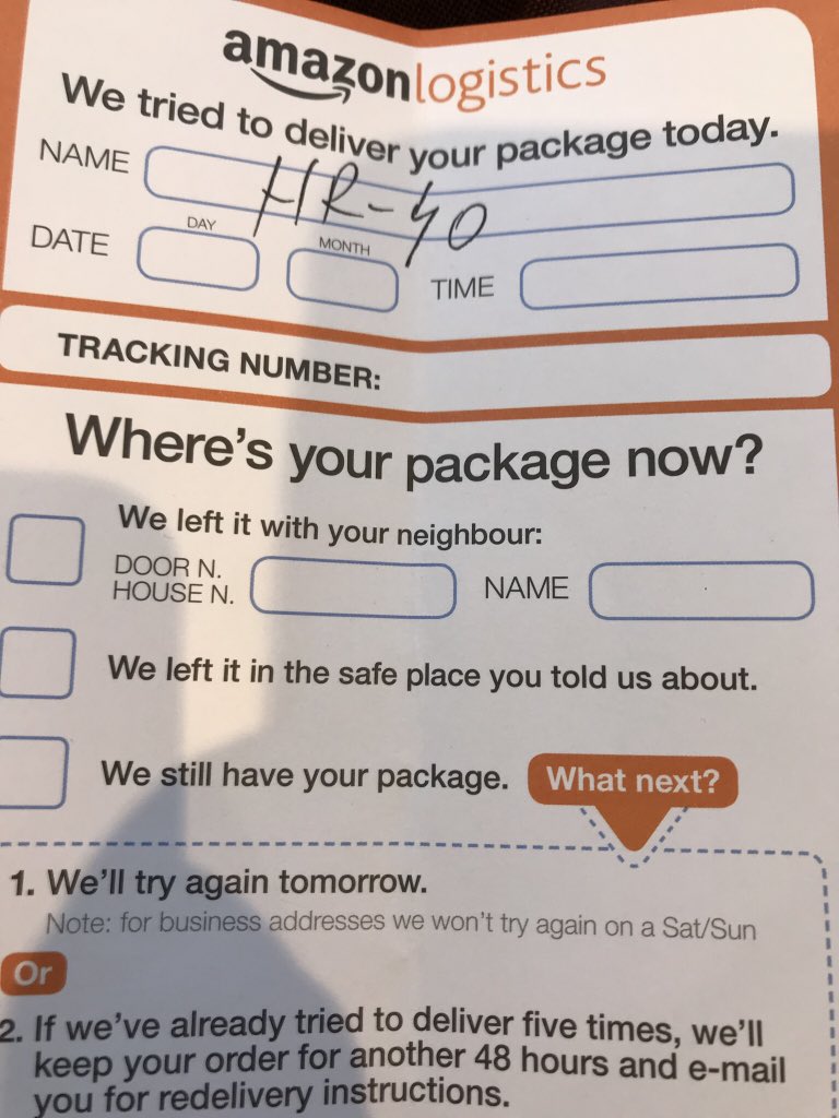 clumsyclarkey's tweet image. Genuinely baffled at the message @AmazonHelp tried to leave. Parcel hasn’t been delivered, hasn’t been left anywhere, not in safe place &amp;amp; they don’t (apparently) still have the parcel.
AND, they think my name is HR-SO....
#amazonprime #amazonprimefail #whereismyparcel