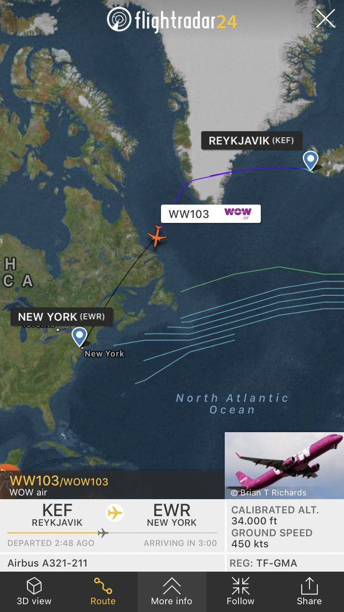 FlightIntl's tweet photo. WOW Air flight #WW103 from Reykjavik (KEF) to New York (EWR) is diverting to Goose Bay (YYR) https://t.co/Uq3gXIlqY1 https://t.co/UbLeDA7sU7
