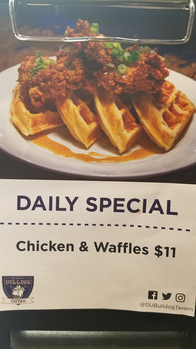 GUAuxiliarySvcs's tweet photo. What could possibly make this perfect weather any better? How about some chicken and waffles at the @GUBulldogTavern?! https://t.co/Tbck22vdFc