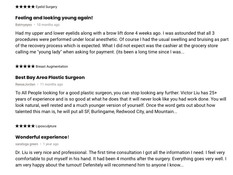 Testimonials from our customers. We are happy to help people get healthier and more confident in their own skin. 
Give us a call for more information and to book your #freeconsultation at 650.697.8888

#happycustomers #plasticsurgery #burlingame #plasticsurgeon