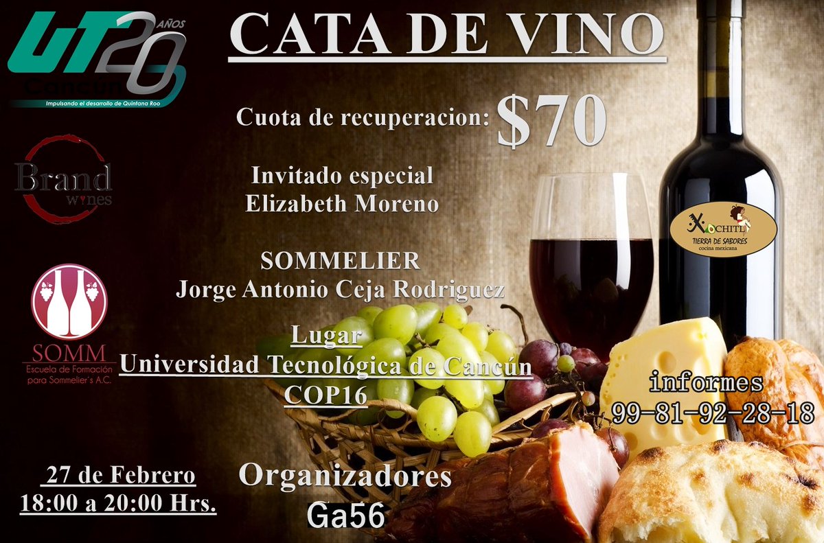 UTCancun's tweet photo. Cata de Vinos en la UT Cancรบn.
El prรณximo 27 de febrero a las 18:00 hrs en el Edificio de la Cop-16.
Informes al 9981.92.28.18
#CataDeVinos
#GA54
I โค๏ธ๐ท https://t.co/G8os53nqwO