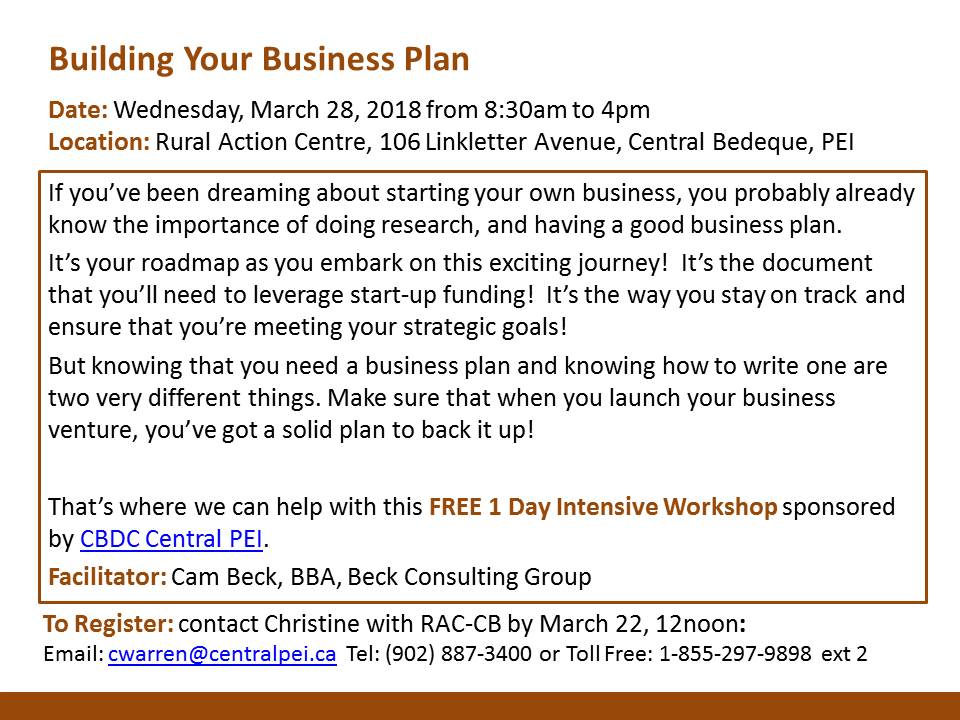 CentralDevelopm's tweet photo. Building Your Business Plan FREE 1-day intensive workshop in Central Bedeque on March 28, 2018 at 8:30am #RACworkshop https://t.co/tuKeJpyOCO