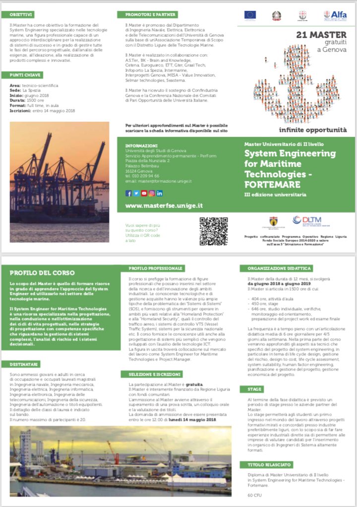 Aperte le iscrizioni alla terza edizione del Master Universitario di II livello in “System engineering for maritime technologies” - FORTEMARE che vede <a href="/UniGenova/">Università di Genova</a> capofila e DLTM partner del progetto. 
#Formazione #DLTM #BlueGrowth
