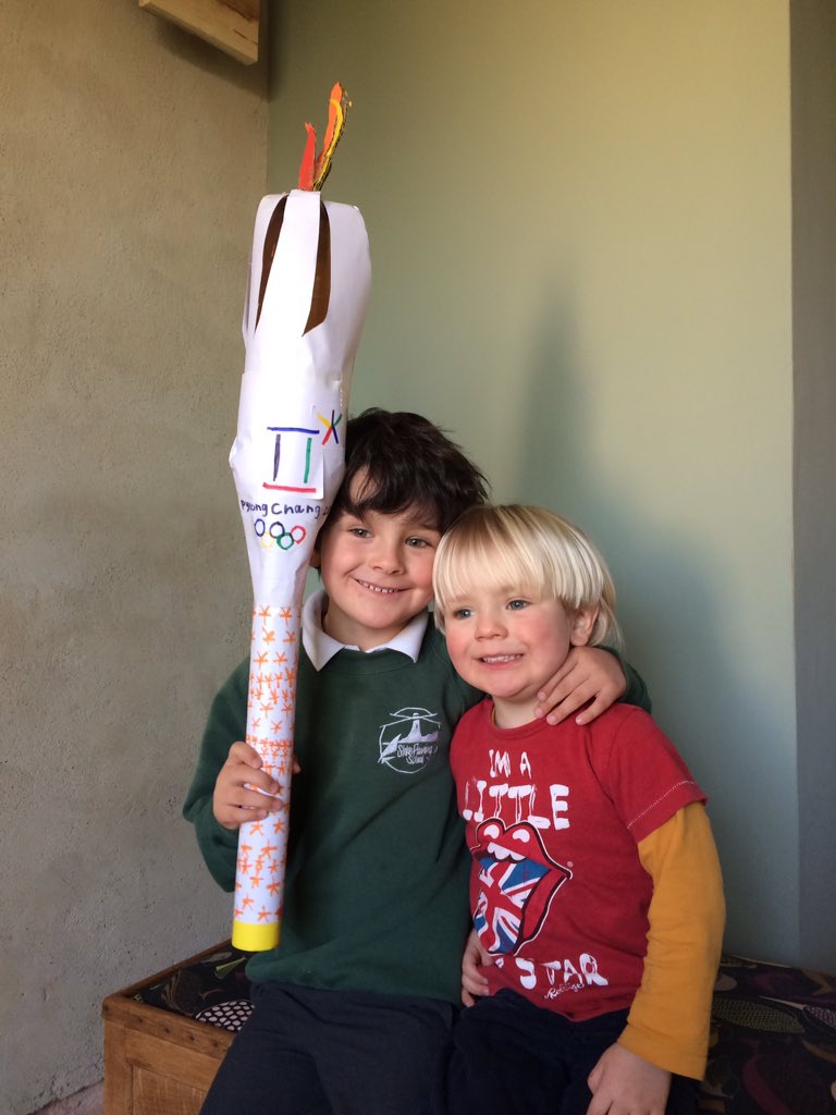 LauraWoussen's tweet photo. Ash aged 5 and Gil aged 3 from South Devon made this winter Olympic Torch #veryproud #bbcgetinspired #bbcwinterolympics #bbcoffpiste @clarebalding https://t.co/5M1BzsQ4wy