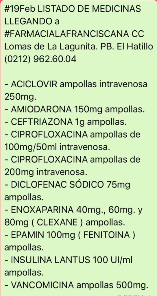 LafranciscanaF's tweet photo. #20Feb #ServicioPublico ATENCIÓN | + MEDICINAS LLEGANDO a #FARMACIALAFRANCISCANA #Ayuda a difundir para que llegue a todos #Venezuela https://t.co/Affo4tEIlg