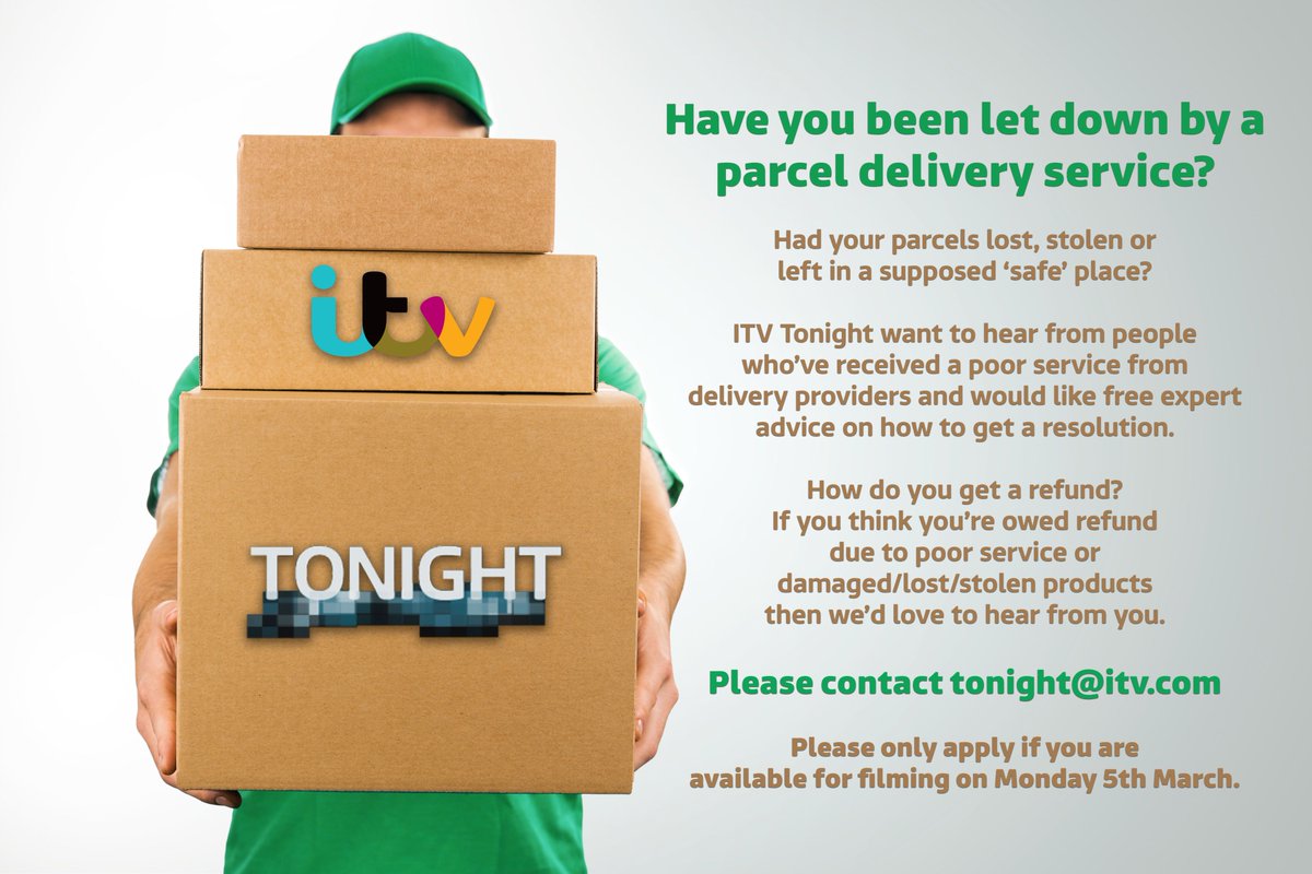 Ever felt let down by a #parcel #delivery service?

Successful applicants will get the chance to speak consumer champion, <a href="/katehardcastle/">Kate Hardcastle MBE</a> &amp; presenter <a href="/ranvir01/">ranvir singh</a> who are ready to hear your stories &amp; provide free advice on consumer issues.

#itvtonight