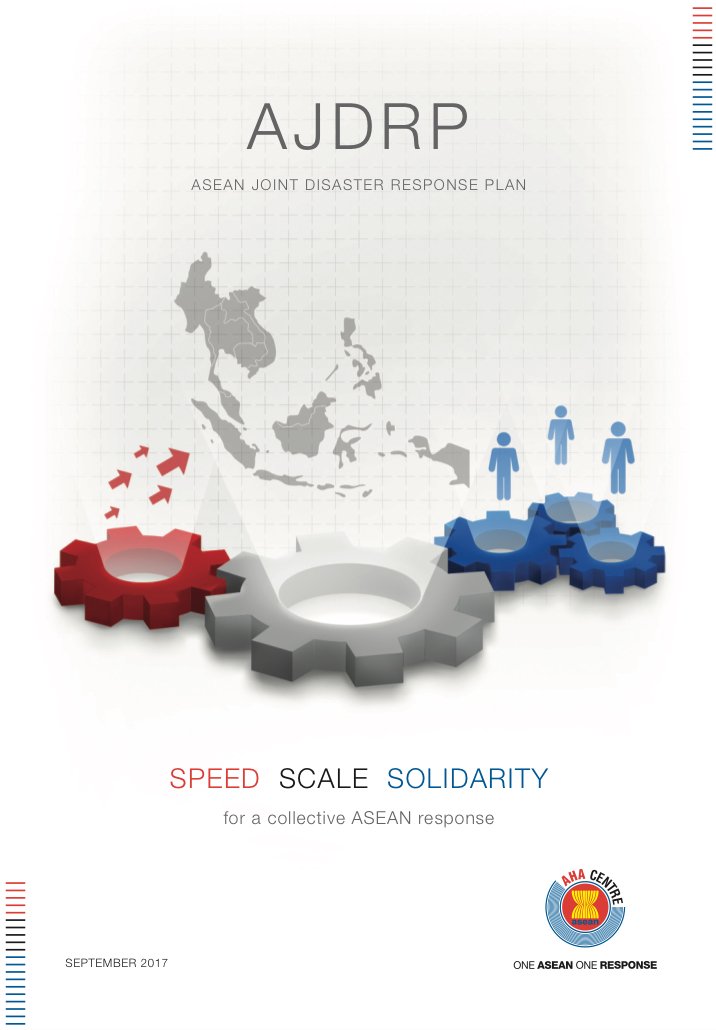 AHACentre's tweet image. AJDRP stands for the @ASEAN Joint  Disaster Response Plan. This publication provides a common framework for the ASEAN family to increase the speed, scale, and solidarity for a collective ASEAN response. Link to download: ahacentre.org/files/AJDRP.pdf #OneASEAN #OneResponse #AHACentre