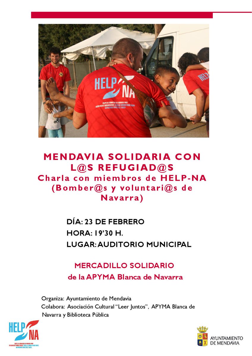 biblimendavia's tweet photo. Este viernes, 23 de febrero, Charla en el @AytoMendavia : "Mendavia solidaria con l@s refugiad@s". A las 19'30 h. en el Auditorio municipal https://t.co/gL65ce1jA8