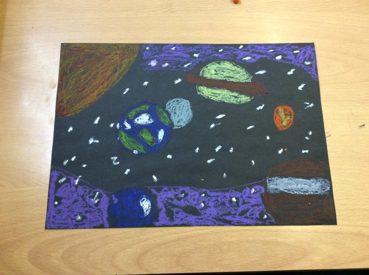 Achieve_Class5's tweet photo. Check out these fantastic drawings of the solar system with oil pastels! https://t.co/wa7XuBKAhC