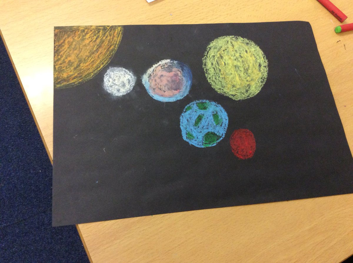 Achieve_Class5's tweet photo. Check out these fantastic drawings of the solar system with oil pastels! https://t.co/wa7XuBKAhC