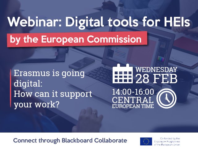 Higher Education Institutions are invited to join a free #webinar on the digitisation of <a href="/EUErasmusPlus/">Erasmus+</a> hosted by the European Commission. Join us on February 28, 14:00-16:00 CET to learn more about the #Dashboard, #OLA and #ErasmusApp!

Connect via bit.ly/2ETPUNO