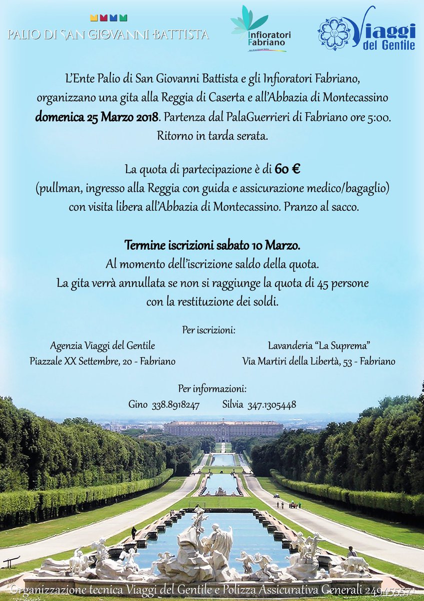 AVVISO IMPORTANTE: la partenza dal Palaguerrieri di Fabriano è stata anticipata alle ore 5.00. È ancora possibile segnarsi ma solo all'Agenzia Viaggi del Gentile. 🚌🏤⛲🌸💜😊#infioratorifabriano #infiorata #fabrianopalio #fabriano #infioritalia #viaggidelgentile #reggiadicaserta