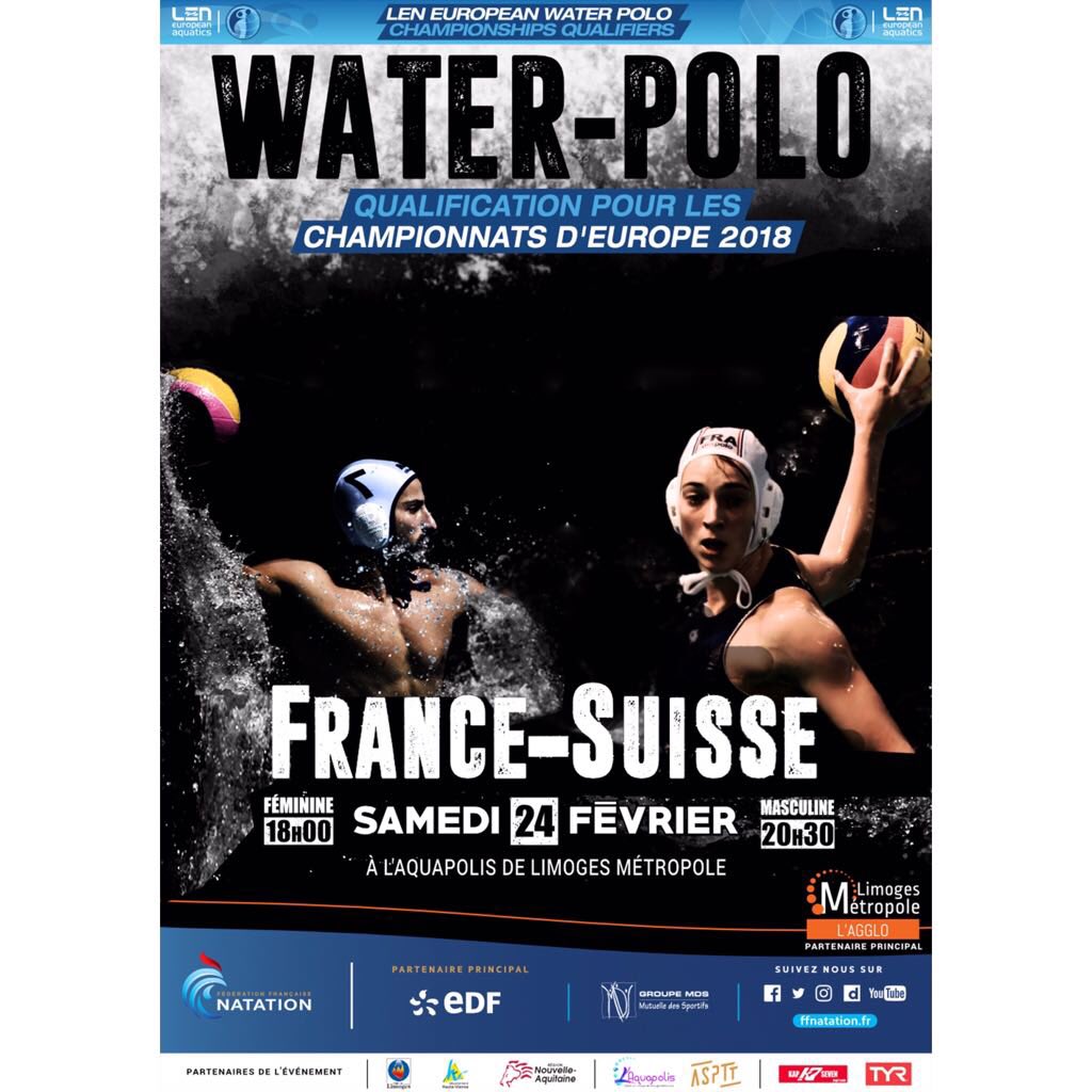 #Waterpolo J-4 avant le match France🇫🇷/Suisse🇨🇭le 24 février à Limoges !
Un affrontement qualificatif aux #championnatsdeurope de Barcelone en juillet prochain 
Venez soutenir nos équipes de France masculine et féminine 💪🏼
Billetterie 👉🏼 billetweb.fr/water-polo-fra…
#TeamFFN
