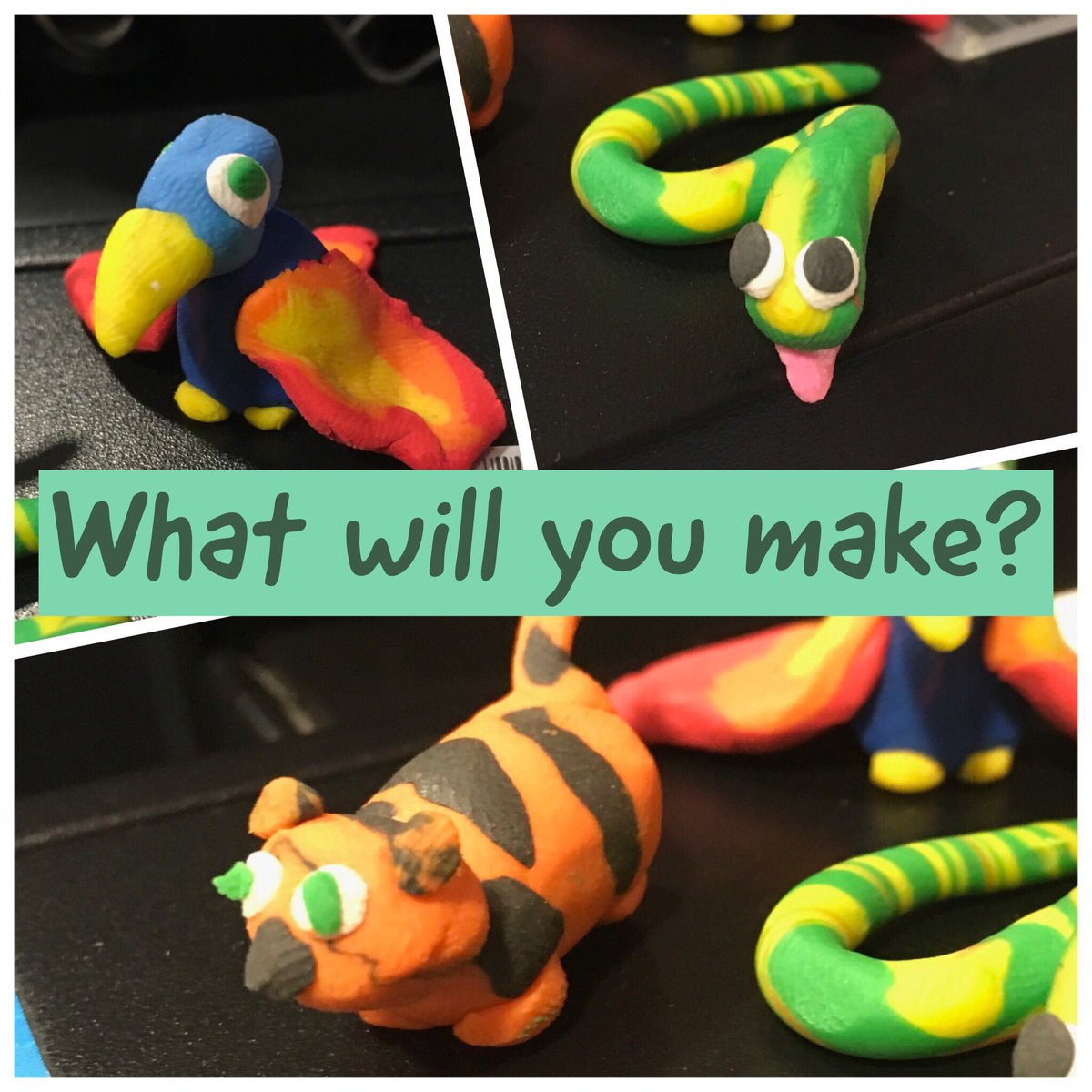 BSAKyear2's tweet photo. Some amazing plasticine rainforest creatures 🐅 🦋🦎🐍🐞🐊🐸 created by the children after a quick demo from @peterjonesteach. Amazing #BSAKperseverance to complete models independently for their projects. https://t.co/KBh1DTWue3