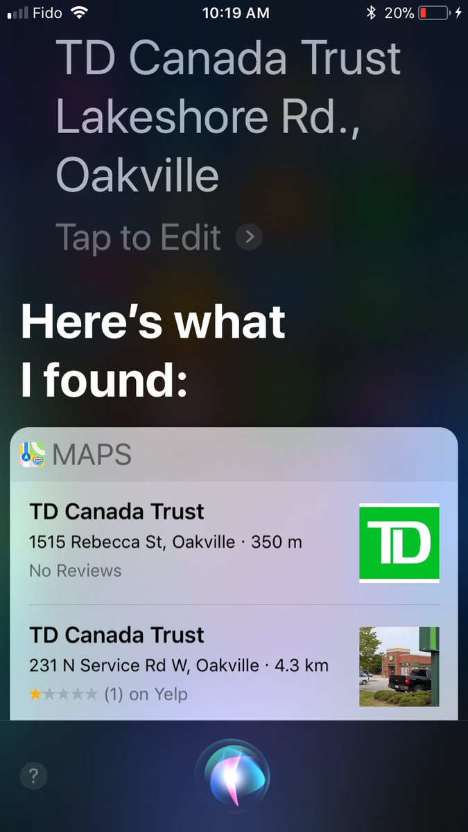 AdrianCanadrian's tweet image. Siri is SO useless. The question was “TD Canada Trust Lakeshore Rd., Oakville.” Siri gives me 4 options, none of which are Lakeshore Rd., Oakville. #applefail #iphonefail