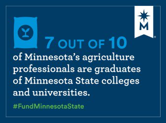 MinnStateEdu's tweet photo. #54Campuses54Facts: 7 out of 10 of Minnesota’s agriculture professionals are graduates of your 37 Minnesota State colleges and universities. #ExtraordinaryNumbers https://t.co/rAj0au6gUk