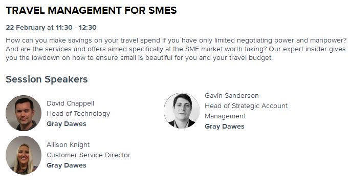 GrayDawesTravel's tweet photo. If you are attending the #BTShowLondon stop by the Olympia Room on 22 February at 11:30 - 12:30  where our very own Allison Knight, Gavin Sanderson and David Chappell  will be speaking on "Travel Management for SMEs" #SME #TravelTuesday #BTShow https://t.co/ZnEpBL4w7f