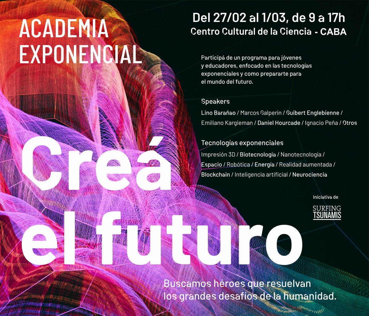 innovacionmr's tweet photo. @ProduccionSF y @ProduccionRos te llevan a @acexponencial ¨Crea un futuro extraordinario¨dedicado a jóvenes y educadores que deseen formarse en diferentes tecnologías exponenciales. 27/02 al 01/03 contamos con 8 becas de traslado y alojamiento.Inscribite a innovacionmr@gmail.com. https://t.co/LIcPDDouvy