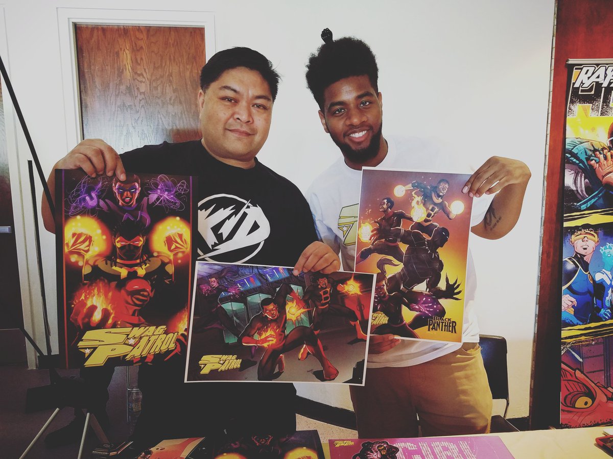 HallHdotcom's tweet photo. Rubyn Warren @rubyncomedy sold out of all his Swag Patrol comic books at Black Comix Day 2018...so Alex got some prints instead.
Way to go Rubyn!
#SwagPatrol #comics #comicbooks #RepresentationMatters #BLKCOMIXDAY2018 https://t.co/swEubWAnFO