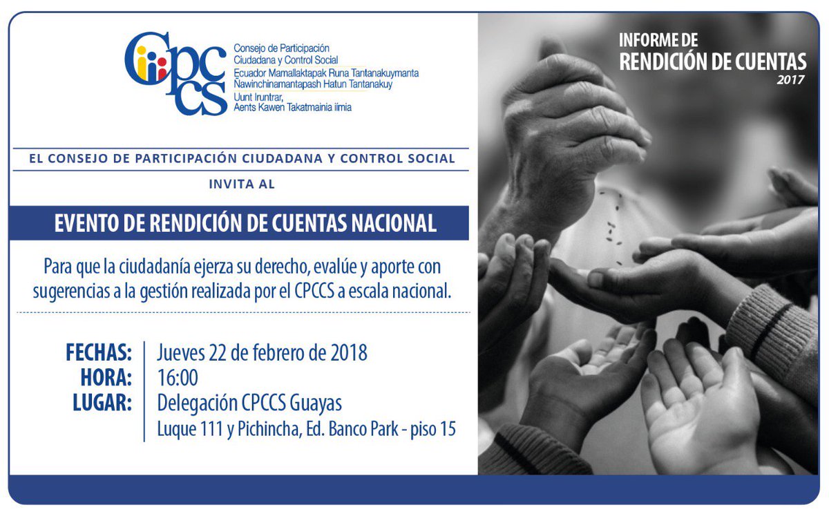 La #RendiciónDeCuentas es un mecanismo de participación donde el ciudadano conoce la gestión de quienes manejan y toman decisiones de lo público. Todos invitados a la rendición de cuentas del @CPCCS desde #Guayaquil. Tu participación es importante, acompáñanos: 👇