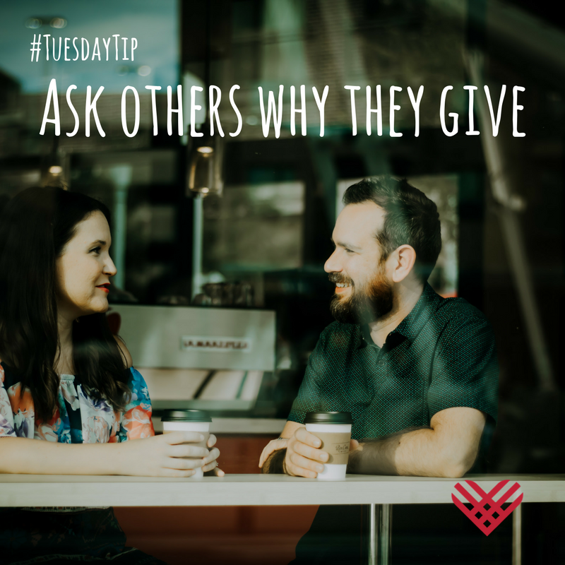 GivingTuesday's tweet photo. Today's #TuesdayTip: Ask others why they give. There's so many inspiring stories and reasons why people give back. Ask a neighbor, friend or coworker what inspires them to give, or visit the #GivingTuesday blog at https://t.co/PbWHn2Tjog for great stories! https://t.co/DjvzIDIeEF