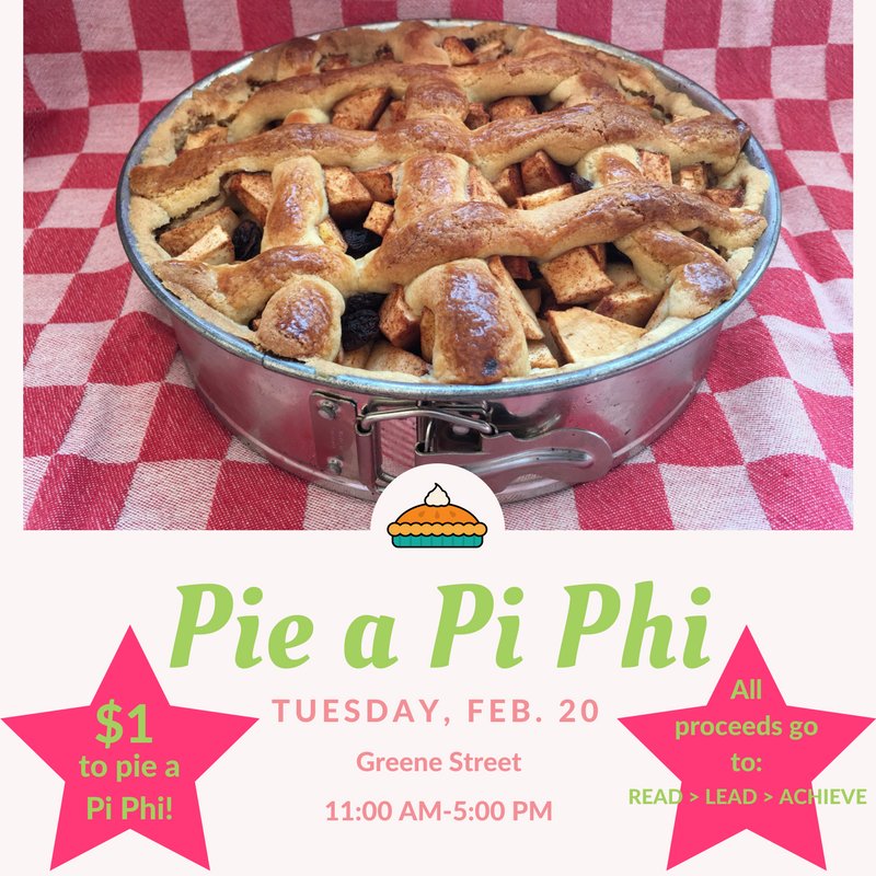 scpiphi's tweet photo. Pie a Pi Phi! Only $1! Come out to Greene Street and show a Pi Phi sister some love (or a plate full of whipped cream to their face)! Help us support:
READ > LEAD > ACHIEVE #ArrowWeek https://t.co/uU4yL2PEti