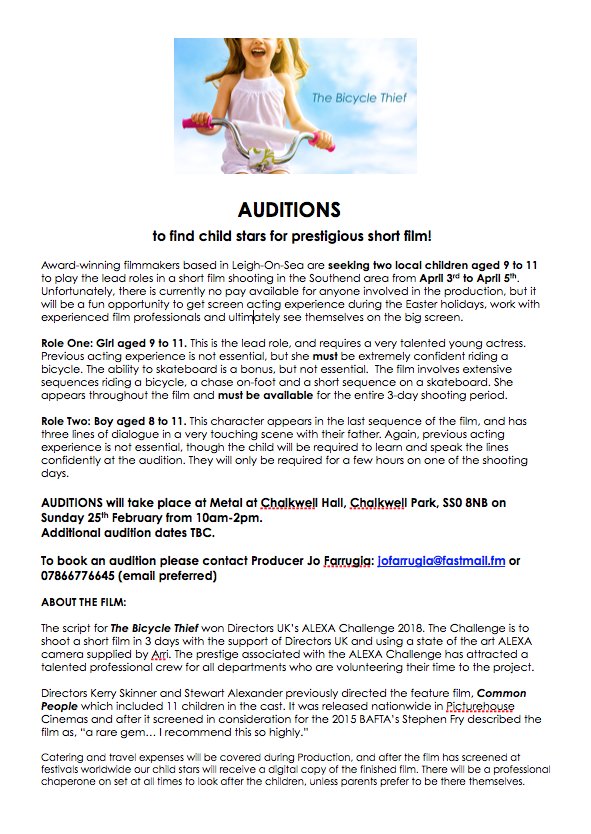 SHORT FILM CASTING CALL:
AUDITIONS THIS SUNDAY, 10-2

GIRL, AGED 9-11
BOY, AGED 8-11

Retweet please, lovely people!

#YoungActors #Auditions #ShortFilm #Southend #Westcliff #Leigh