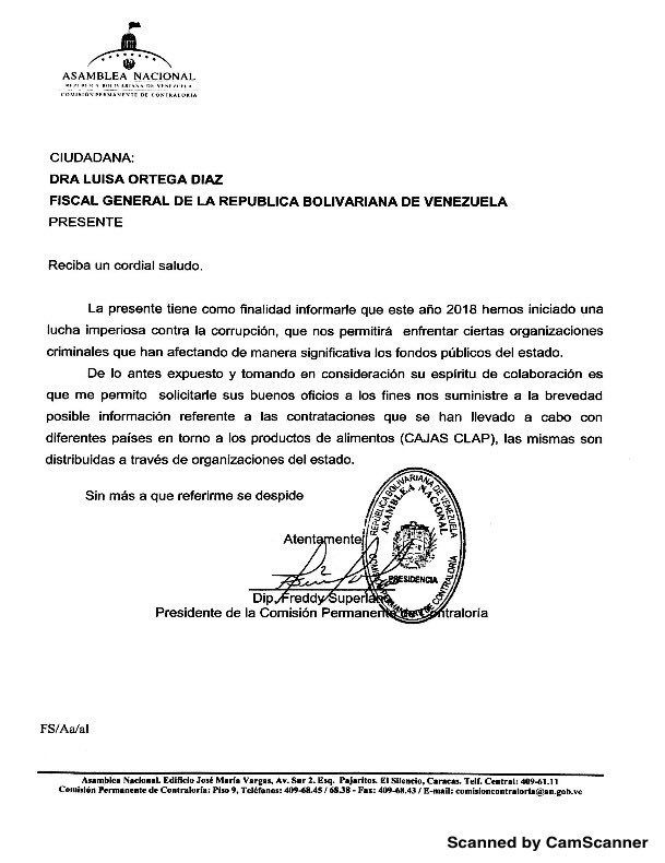 lortegadiaz's tweet photo. He recibido una comunicación del presidente de la Comisión de Contraloría de la @AsambleaVE, diputado @freddysuperlano, solicitando información sobre la trama de corrupción de los CLAP, vinculada a Nicolás Maduro. Por ello, remitiremos a esa instancia la documentación requerida https://t.co/ql3UWKjQUQ