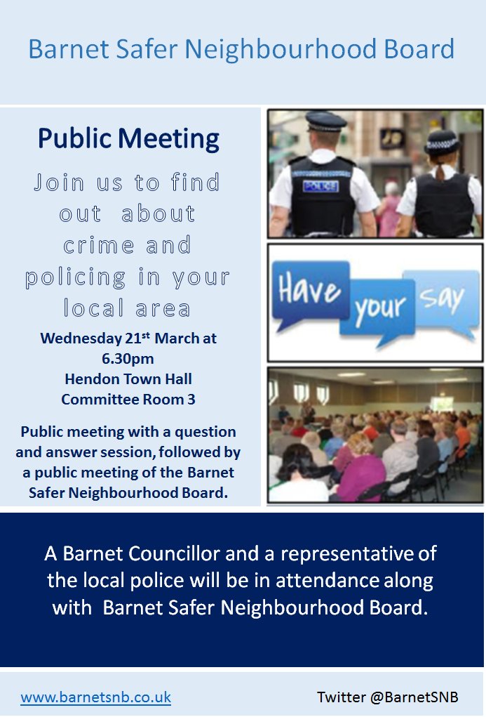 Next meeting will be held on Wed 21 March 630pm. Simon Rose, Detective Chief Superintendent Barnet Borough Commander will be in attendance. 
#HaveYourSay about #crime and safety in #Barnet: bit.ly/2CyAUzJ   <a href="/BarnetCouncil/">Barnet Council</a> <a href="/MPSBarnet/">Barnet MPS | North West BCU</a> <a href="/InsideEdgware/">Edgware Ward Panel</a>