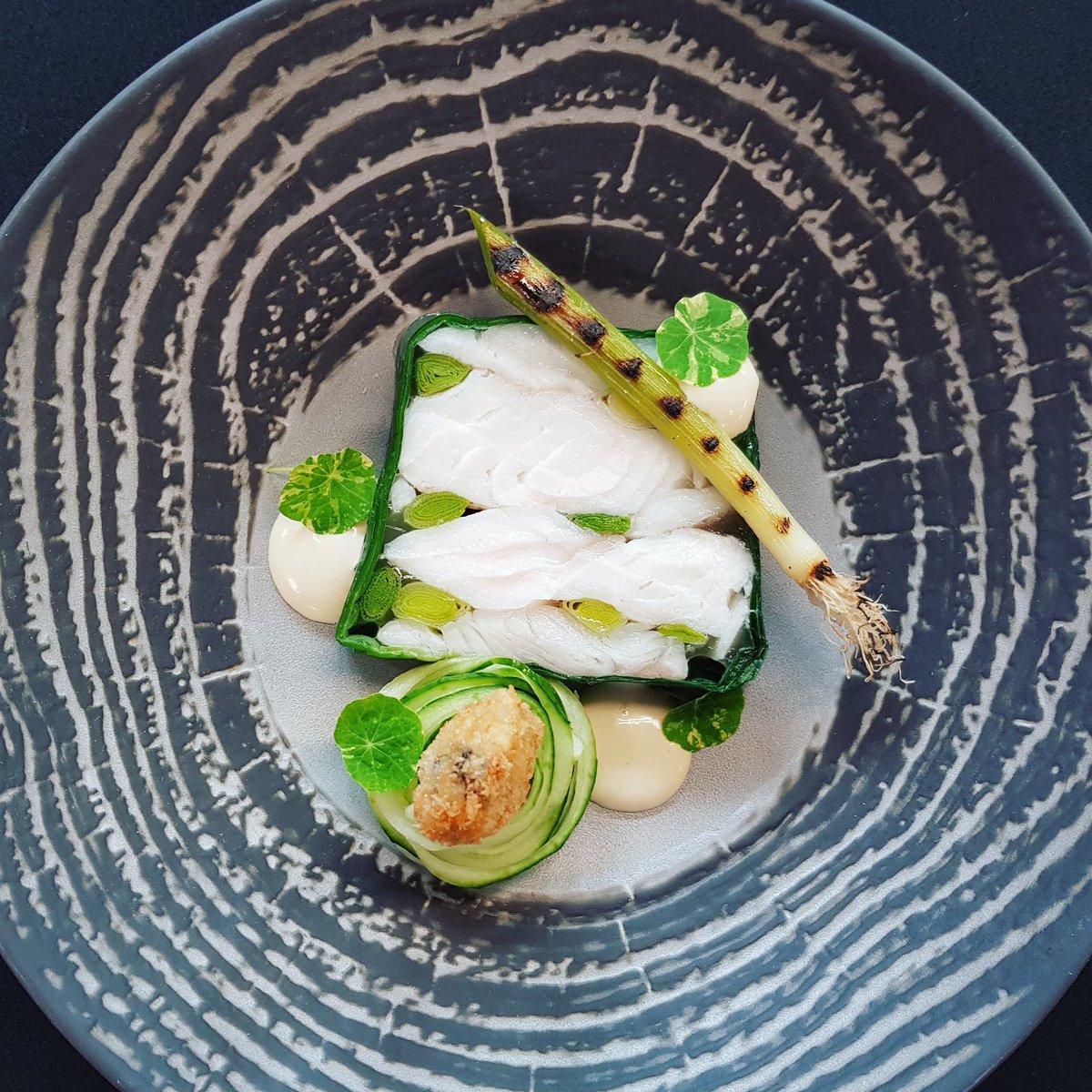 South Coast Sole &amp; Hake Terrine, Poached &amp; Charred Leek, Oyster &amp; Lemon Mayonnaise, Crispy Oyster, Cucumber great to see you today <a href="/FishForKings/">Fish For Kings</a> #finedining #formaldining #fish #starter #foodnetwork #foodblogger #chefs #lovecooking #leeks #cheflife <a href="/MashPurveyors/">Mash Purveyors</a> <a href="/NurturedInNflk/">NurturedInNorfolk</a>