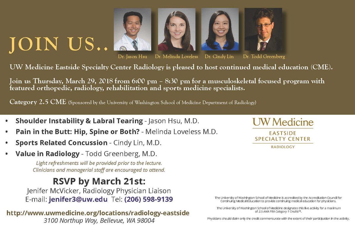 CME Showcase Thursday March 29 6:00-8:30 PM @UWESC_RADFIT 2.5 CME credits. MSK focused event w/ featured presenters Sports Med, Rehab, Ortho Surgery & #Radiology @UWRadiology @UWMedicine @UWOrthopaedics