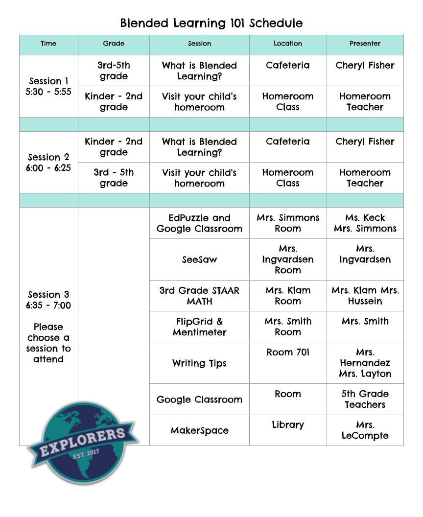 CFISDWells's tweet photo. Join us tonight for #BlendedLearning101 Parent Night from 5:30-7:00! Follow the schedule through the 3 different sessions to learn all about Blended Learning in Action at Wells! The last session is your choice of interest. #ExploreWells https://t.co/LQxb3Eo01J