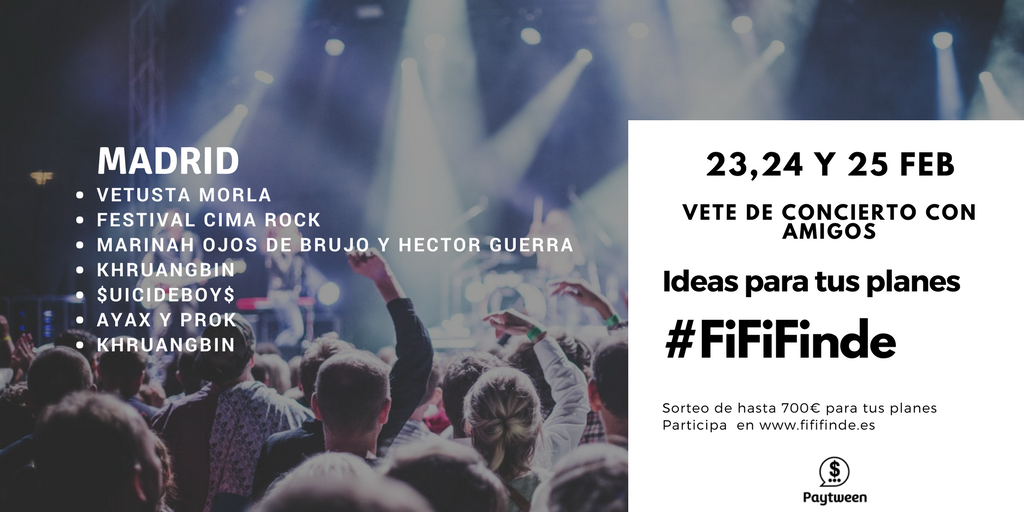 paytween's tweet photo. Os compartimos ideas de conciertos en Madrid para tu #FiFiFinde y las entradas de estos conciertos en @ticketea https://t.co/qco15Vcxrp