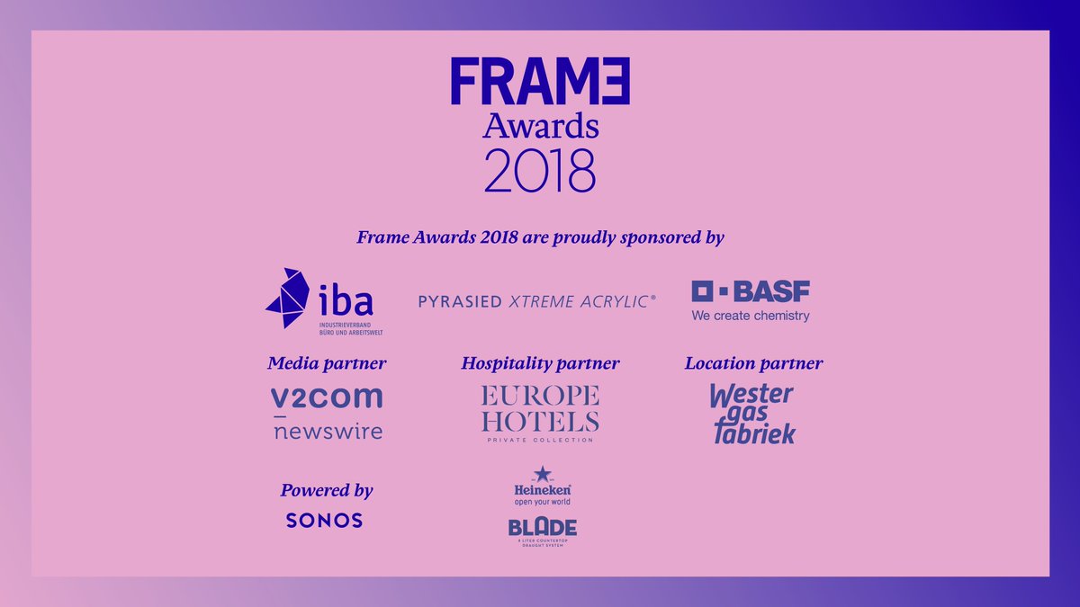 Tomorrow the winners of #FrameAwards will be honored in Amsterdam! Frame would like to thank our sponsors who made the search for the world’s best interiors possible! Thanks to iba, <a href="/PyraSiedXA/">Pyrasied</a>, <a href="/BASF/">BASF</a>, @v2com_newswire, Europe Hotels, @westergasfbrk, <a href="/sonos/">Sonos</a> and <a href="/Heineken/">Heineken</a>