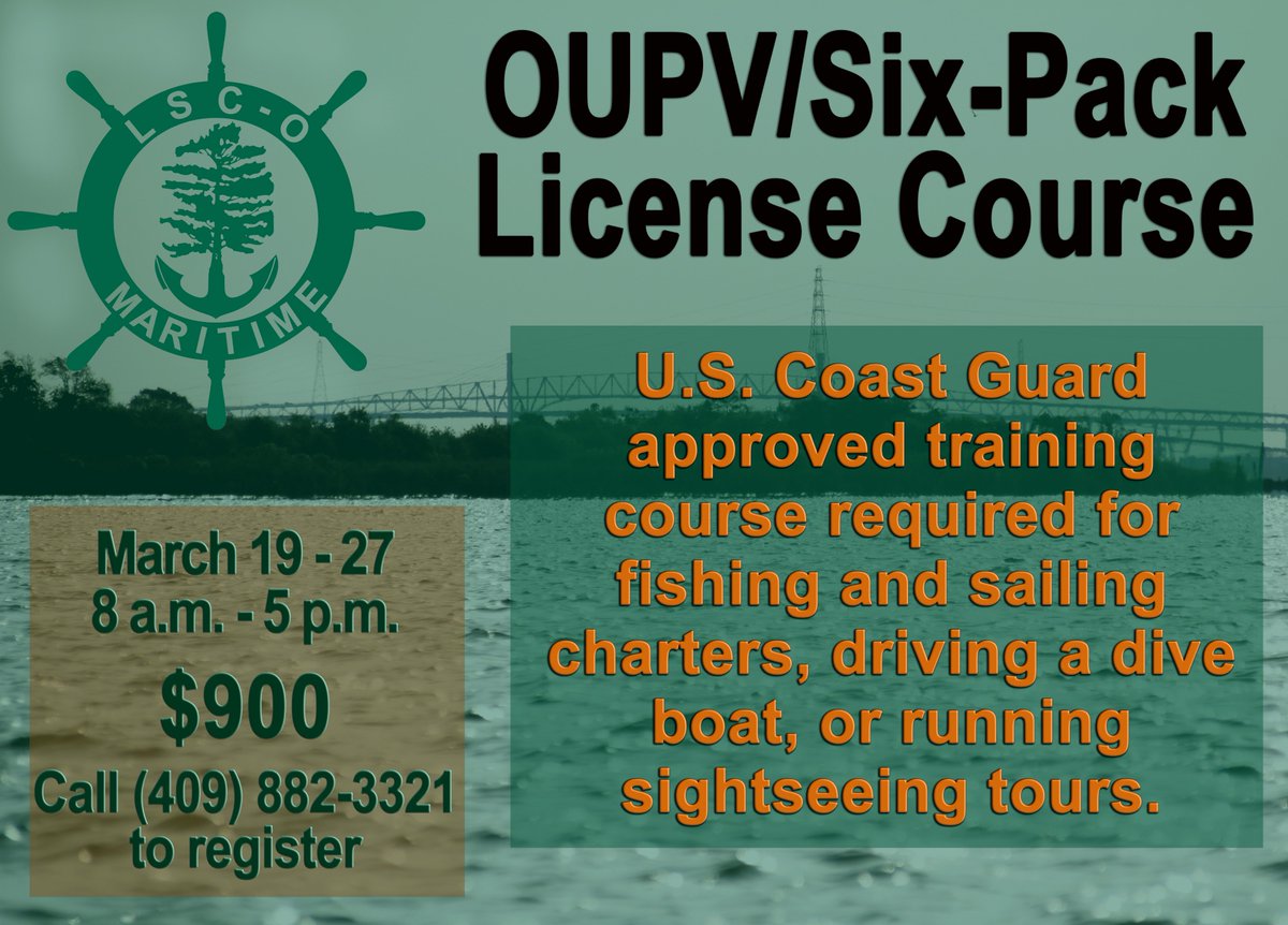 LamarOrange's tweet photo. Register today for the next OUPV/Six-Pack License Course through the LSC-O Maritime Program.
Call 409-882-3321 to sign up.
#LSCO #LSCOMaritime #LamarStateCollegeOrange #maritimetraining #OrangeTexas #LamarOrange #LamarOrangeMaritime #OUPV https://t.co/C7KSDFVOd6