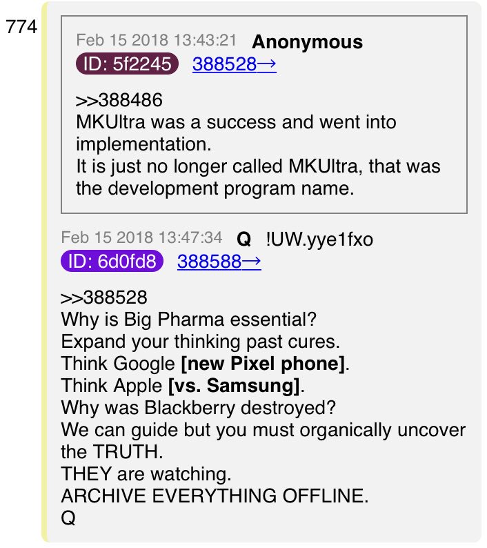 1/ THREAD: Why  #QAnon pointed out the connection between  #BigPharma and  #BigWireless when replying to a statement about  #MKUltra