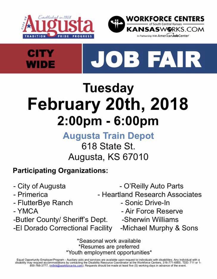 AugustaKSMayor's tweet photo. As our streets crews continue their great work clearing our roads from this early morning’s winter/thunder/lightning/ice/sleet smörgåsbord, today’s Job Fair will continue as scheduled. We hope to see you there. https://t.co/Pfo68pzcBh