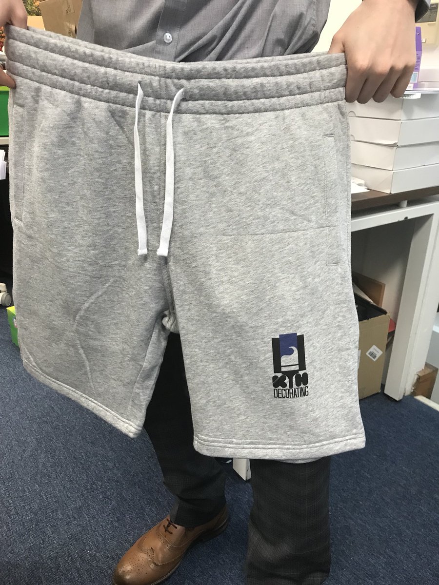 PartnersfPrint's tweet image. Just printed some T-shirts, shorts and trousers for KH Decorating for the charity job Karl will be doing next week. Modelled by Our very own Joe. Ironing service not included. 😀