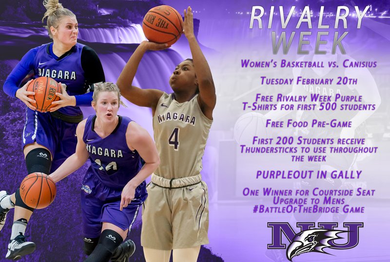 RIVALRY WEEK starts TONIGHT as <a href="/NiagaraWBB/">Niagara Women's Basketball</a> battles Canisius at 7pm in the Gally Gym. FREE Rivalry Week t-shirts for students, NU Thundersticks, free food pregame, plus get your punch card for all of Rivalry week! Let's pack the gym tonight!