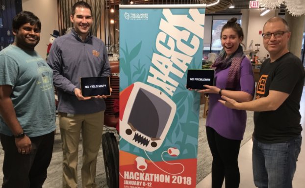 SamEathington's tweet photo. Hey #agtech folks, what's your #hackathon story? Hot off the @climatecorp press, "No yield map, no problem" winning team and more. https://t.co/DvP1jLTonx #agjobs #climatelife https://t.co/2EthZKj9uD