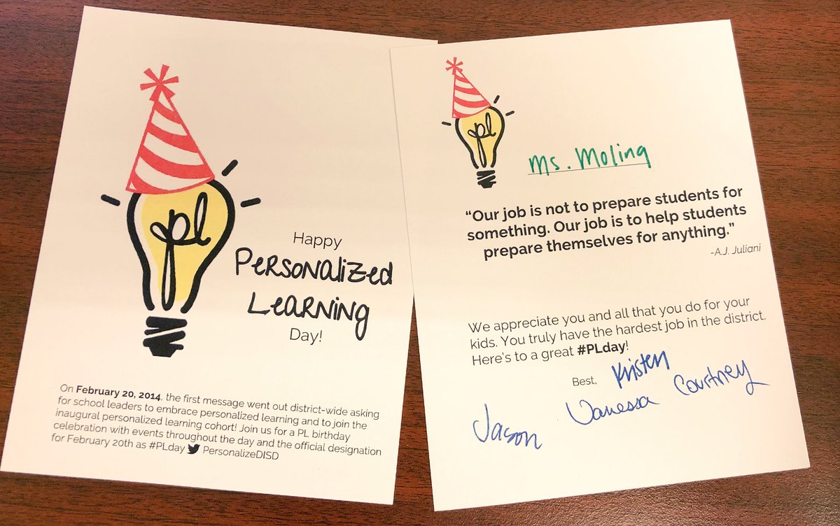 Celebrating #PLDay by delivering cards to every #personalizedlearning teacher today in @dallasschools! Thank you for all that you do for our kids. ❤️💡#happy4thbirthday @ZaragozaEagles @DanDRogersDISD @cabellpl @BotelloElem @marshprep @IgniteDISD @IDEA_at_Fannin @maya_mcmc