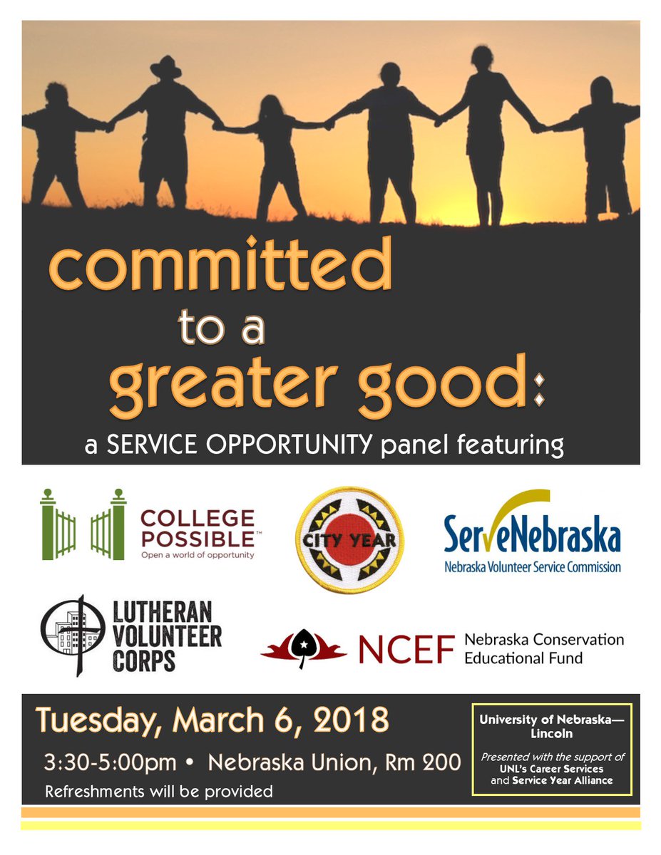 Excited to be collaborating with other <a href="/ServiceYear/">Service Year</a> organizations to host a panel <a href="/UNLincoln/">University of Nebraska-Lincoln</a> in two weeks! Hope to see some service minded individuals there! <a href="/UNLCareers/">UNL Career Services</a> <a href="/CityYear/">CityYear</a> <a href="/CollPossibleOMA/">College Possible Omaha</a> <a href="/ServeNE/">ServeNebraska</a> <a href="/LVCorps/">Lutheran Volunteer Corps</a>
