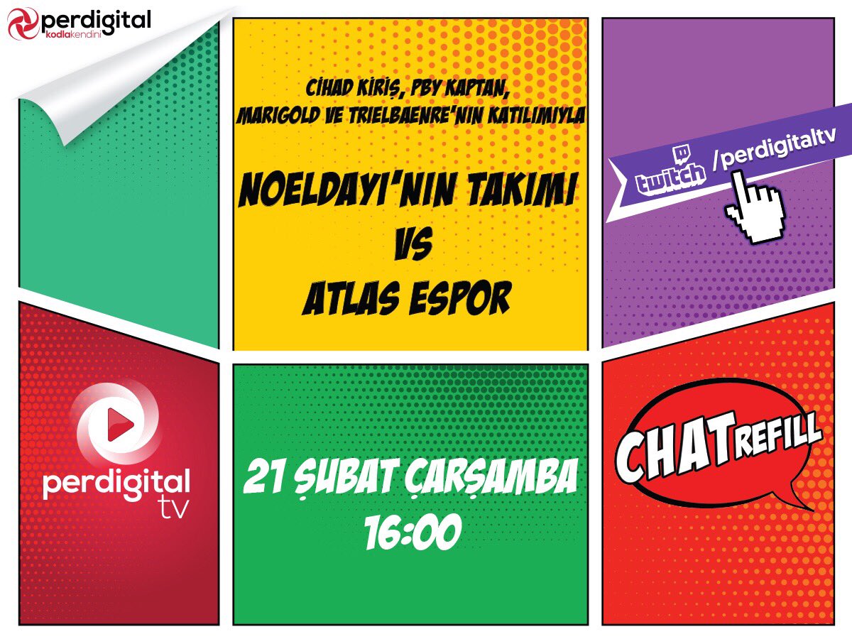 perdigital_'s tweet photo. .@cihadkiris, @Pbykaptan, Marigold ve @Trielbaenre'den oluşan @noeldayilol’un takımı ile Atlas Espor'un karşı karşıya geleceği #Chatrefill, yarın saat 16:00'da #PerdigitalTV #Twitch kanalımızda... Yayını kaçırmamak için Twitch kanalımızı takibe al >> https://t.co/thYgZF1pYu https://t.co/FrBcal9fEo