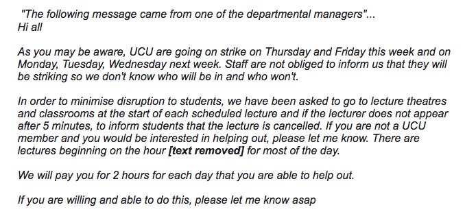 We have learned that <a href="/sheffielduni/">The University of Sheffield</a> are asking PG students to cross picket lines &amp; spend all day checking if lectures are happening. What's in it for them? 2 hours' pay. Pure exploitation for a full day's work. PhD students: why not join @UCU for free instead? #USS