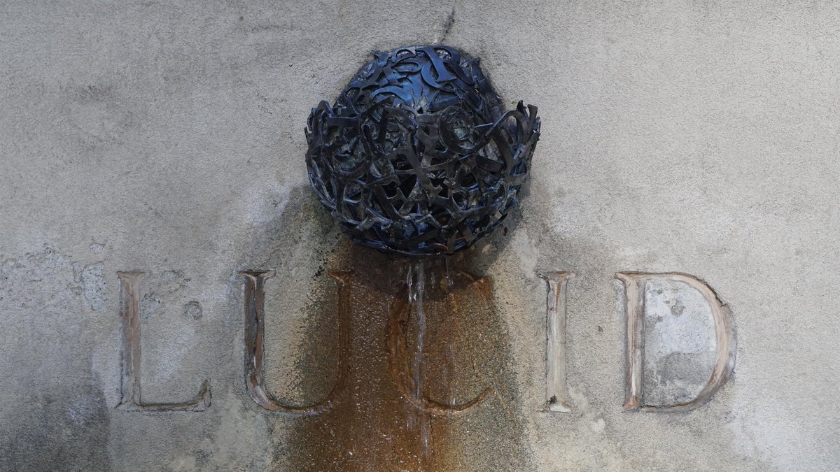 The Cheltenham Alphabet Spout, designed by Jud Fine, which graces LUCID, the middle of three ponds in Spine. 