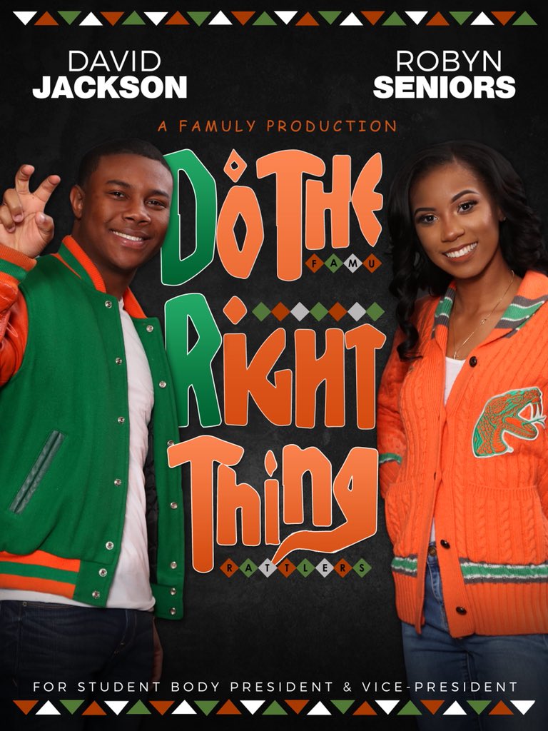 DoRightFamu's tweet photo. WAKE UP &amp; VOTE RATTLERS‼️‼️ FAMU, what do YOU stand for?  The time is NOW to elect leaders who will stand for YOU Rattlers! So when you vote, #DoTheRightThing and elect David Jackson and Robyn Seniors your NEXT Student Body President and Vice President! #AFamulyJoint https://t.co/sNYWl5OV0R